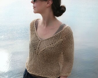 Hand Knit Sheer Summer Poncho for Women: Boho Cropped Crochet Sweater Top V Neck | CHLOE Capelet