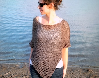Hand Knit Summer Poncho Women Cotton Sheer Loose Knitted Beach Coverup Ready to Ship in cream, brown, or grey in S/M