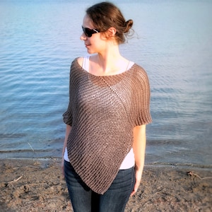 Hand Knit Summer Poncho Women Cotton Sheer Loose Knitted Beach Coverup Ready to Ship in cream, brown, or grey in S/M