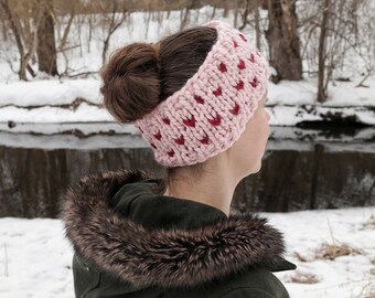 Womens Headbands Knitted Earwarmer Wool Heart Fair Isle Winter Headband for Women Winter Clothes Valentines Day Gift for Her/ The Ava