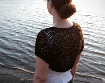 Hand Knit Summer Short Sleeve SAMIA Shrug for Women Handmade Sheer Bolero for Dress, Loose Knited Cover Up