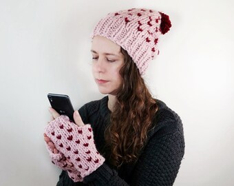 Womens Hat and fingerless glove Set Fair Isle Heart Mittens and Wool Slouchy Knit Hat Winter Clothing Handmade Gift for Her / The Ava