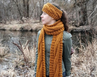 Hand Knitted Wool CAMDEN Cable Knit Scarf and Headband Earwarmer Set for Women- Handmade Cozy Clothing Winter Style Accessories Gift for Her