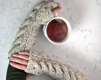 Wool Cable Knit Long Fingerless Gloves Women Winter Clothing, Gift for Her/ The Cameron Long Gloves in Oatmeal Ready to Ship