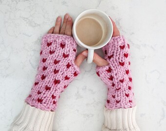Womens Fair Isle Wool Gloves with Hearts Hand Knit Fingerless Mittens Winter Handmade Gift for Her / The Ava Gloves Ready to Ship