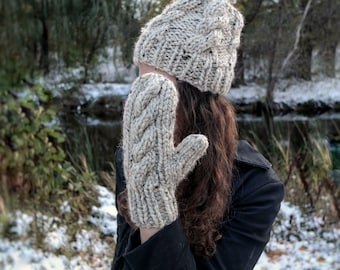 Hand Knit Wool Cable Knit CAMDEN Pom Hat and Mittens Set for Women Winter Style Accessories, Clothing Handmade Cozy Custom Gift for Her
