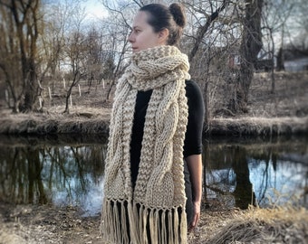 Hand Knit Cable Knit Scarf Women Knitted Chunky Fringe Scarves / The Clara Cable Scarf