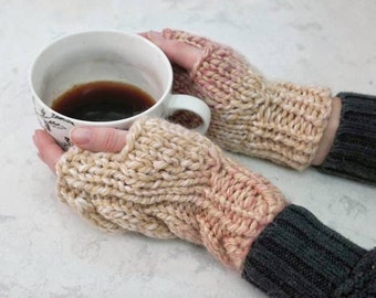 Wool Cable Knit Womens Fingerless Gloves Hand Knit Womens Gloves Winter Handmade Valentines Gift for Her/ The Cameron Fingerless Mittens