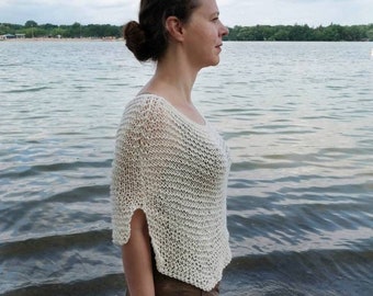 Hand Knit Summer Poncho Women Spring Clothing Handmade Cotton Sheer Loose Knitted Top Beach Coverup with Stepped Hem in cream, brown, grey