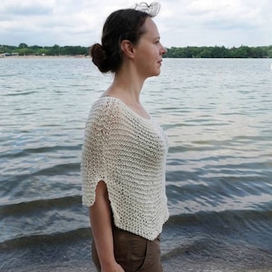 Hand Knit Summer Poncho Women Spring Clothing Handmade Cotton Sheer Loose Knitted Top Beach Coverup with Stepped Hem in cream, brown, grey