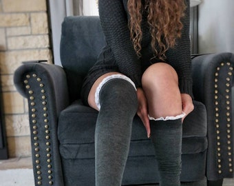 Over the Knee Socks for Women Long knitted Socks with Lace in White and grey Ready to ship
