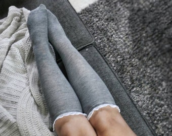 Women's Lace Ruffle Knee High Socks: Handmade Gift for her -white, grey, navy, and black