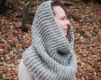 Chunky Knit Large Hooded Scarf for Women, Oversized Wool Blend Crochet Cowl, Handmade Cozy Winter Style Clothing Gift for Her - The JORDAN