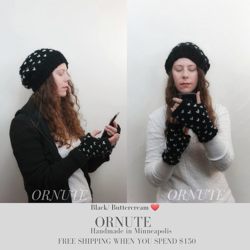 Women Slouchy Wool Heart Hat and Glove Set Handmade Gift for Her / The Ava Fair Isle Fingerless Gloves and Knit Hat Set image 9