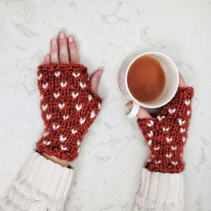 Custom Color Wool Knit Fingerless Gloves Fair Isle With Hearts Womens Clothing Handmade Gift for Her/Ava Fingerless Heart Mittens