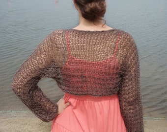 Hand Knit Cotton Summer Bolero: Sheer Long Sleeve Loose Knitted Summer Cover-Up SAMIA Shrug
