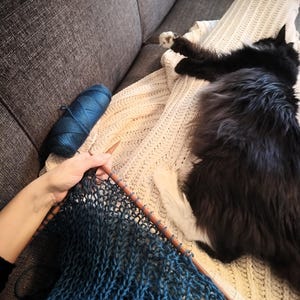 May include: A person knitting with blue yarn and wooden needles. A ball of blue yarn sits nearby. A black cat rests on a cream-colored knitted blanket on a gray sofa. The knitted project is a gradient of blue.