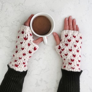 Hand Knit Wool Heart Fingerless Gloves: Custom Colors Womens Fair Isle Heart Fingerless Mittens Handmade Gift for Her/ Ava Heart Gloves