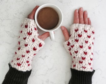 Fingerless Gloves for Women Hand Knit Fair Isle Gloves with Hearts Fingerless Mittens Wool Handmade Gift for Her / The Ava Gloves