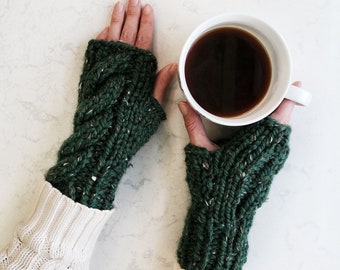 Wool Cable Knit Womens Fingerless Gloves Hand Knitted Gloves Winter Handmade Saint Patrick's Day Gift for Her /The Camden Fingerless Mittens
