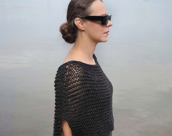 Poncho Women Clothing Handmade Short Sheer Summer Poncho Short Loose Knitted Top Hand Knit Dress Coverup with Stepped Hem