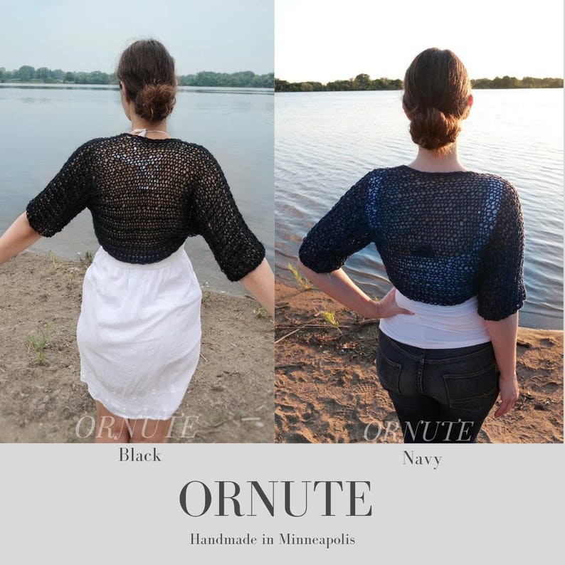 May include: Black and navy blue bolero shrugs. The black shrug is paired with a white skirt, and the navy blue shrug is paired with dark jeans. The boleros have short sleeves and a loose, open weave. The brand name "ORNUTE" is displayed.