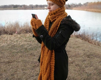 Wool Cable Knit Scarf Headband Earwarmer, and Fingerless Glove Set for Women Handmade Winter Style Cozy Gift for Her - CAMDEN Cable Knit Set