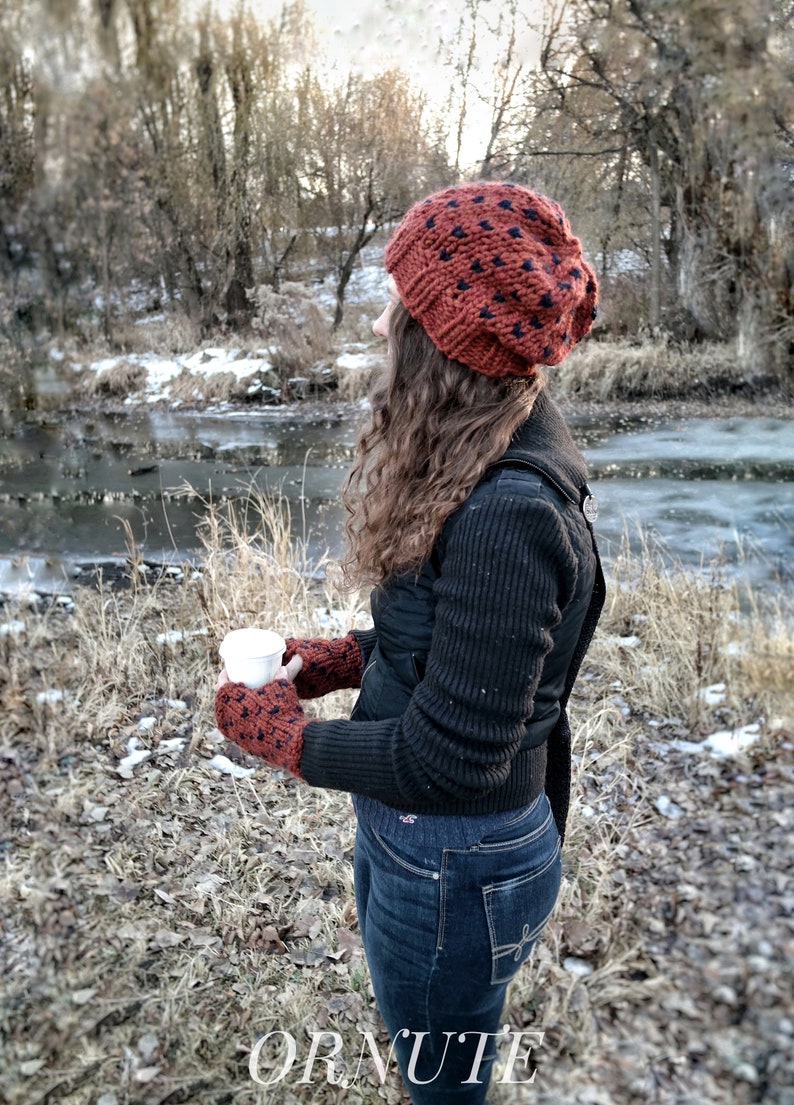 Women Slouchy Wool Heart Hat and Glove Set Handmade Gift for Her / The Ava Fair Isle Fingerless Gloves and Knit Hat Set image 5