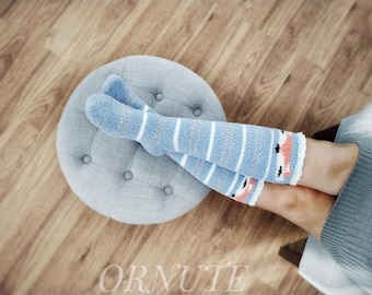 Lace Fox Knee High Fuzzy Socks, Cute Knitted Grey Blue Stripped Tall Cozy Slippers Socks For Women Winter Clothing Animal Socks Gift for Her