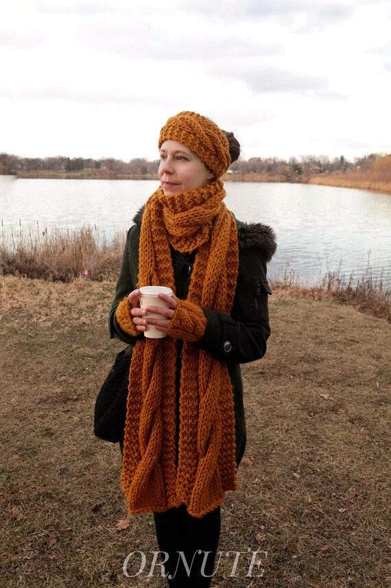 Wool Cable Knit Scarf Headband Earwarmer, Scarf, and Fingerless