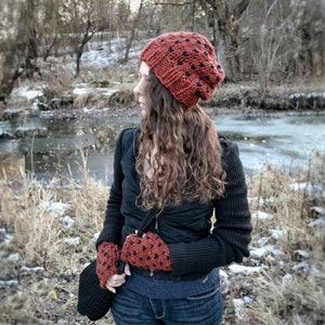 Women Slouchy Wool Heart Hat and Glove Set Handmade Gift for Her / The Ava Fair Isle Fingerless Gloves and Knit Hat Set image 4