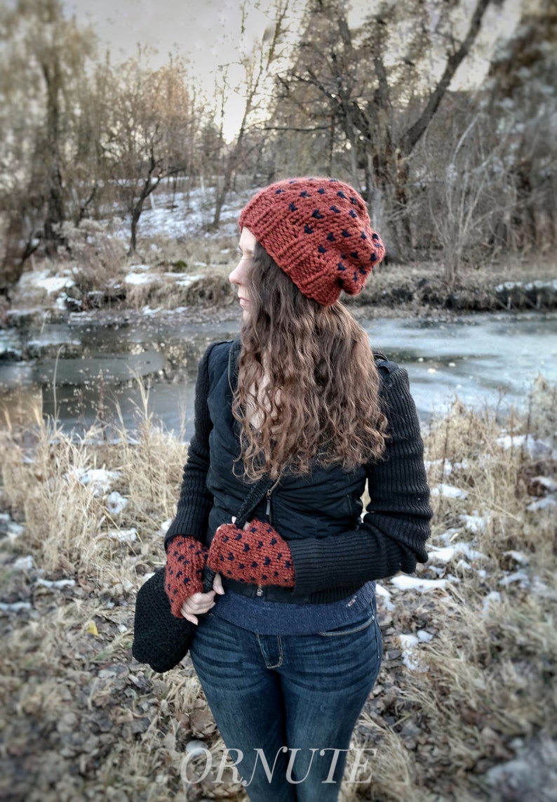 Women Slouchy Wool Heart Hat and Glove Set Handmade Gift for Her / The Ava Fair Isle Fingerless Gloves and Knit Hat Set image 4