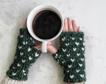 Hand Knit Fingerless Mittens Women Wool Fair Isle Gloves with Hearts Winter Clothing Gift For Her/ The Ava Gloves