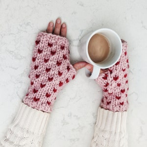 Wool Fingerless Mittens for Women Hand Knit Fair Isle Gloves with Hearts Handmade Gift for Her/ Ava Heart Gloves/ Ready to Ship