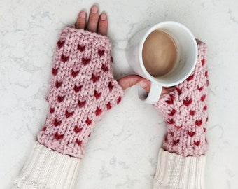 Wool Fingerless Mittens for Women Hand Knit Fair Isle Gloves with Hearts Winter Clothing Gift For Her/ The Ava Gloves