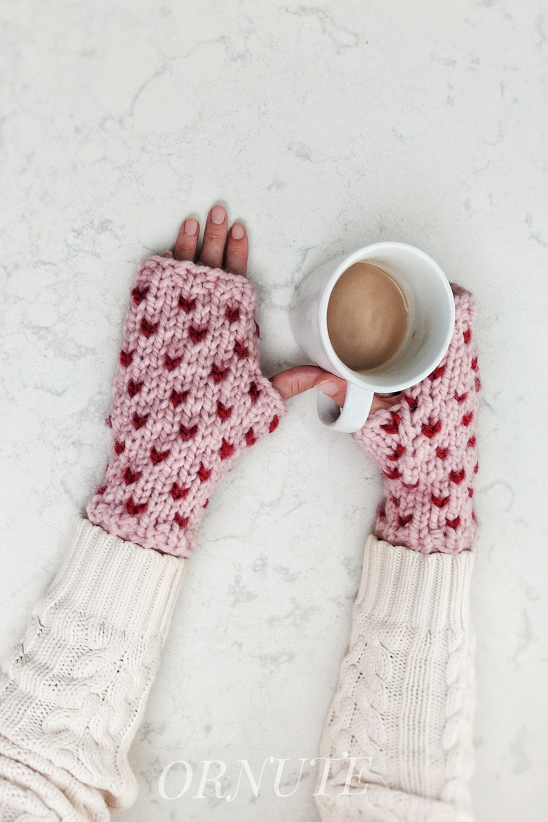 Wool Fingerless Mittens for Women Hand Knit Fair Isle Gloves with Hearts Winter Clothing Handmade Gift For Her/ The Ava Gloves image 1