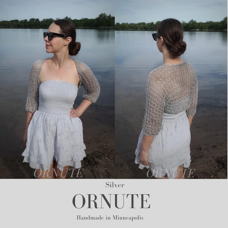 Hand Knit Bolero Shrug for Women: Handmade Clothing Summer SAMIA Shrug for Dress, Crochet Sheer Loose Knitted Cover-Up Silver