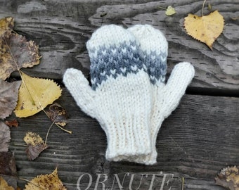 Hand Knit Mittens For Women Fair Isle Mittens Womens Handmade Mittens in Cream and Grey/ The Sophia Mittens