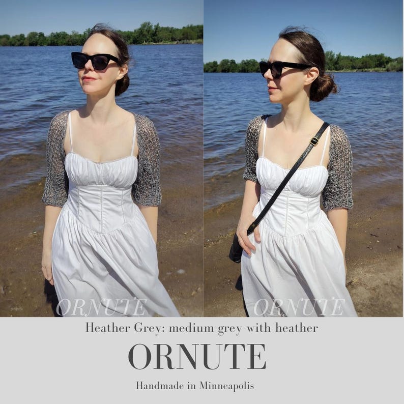 May include: A woman wearing a white dress and a heather gray shrug. The shrug has short sleeves. The text "ORNUTE" is at the bottom of the image, along with "Heather Grey: medium grey with heather" and "Handmade in Minneapolis".