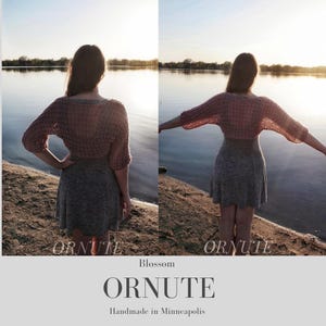 May include: A two-panel image shows a person wearing a pinkish-brown, open-weave bolero sweater and a gray skirt. The word "ORNUTE" is printed on the bottom of the image. The text "Blossom" and "Handmade in Minneapolis" are also visible.