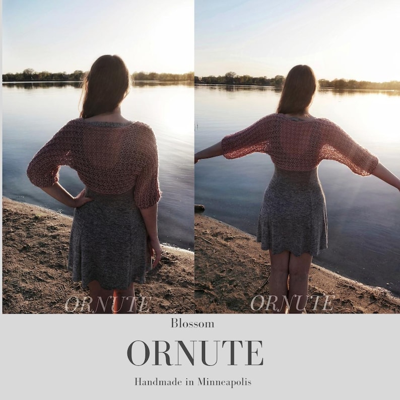May include: A two-panel image shows a person wearing a pinkish-brown, open-weave bolero sweater and a gray skirt. The word "ORNUTE" is printed on the bottom of the image. The text "Blossom" and "Handmade in Minneapolis" are also visible.