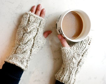 Wool Cable Knit Fingerless Gloves Women Winter Clothing Handmade Gift for Her/ Camden Gloves Ready to Ship