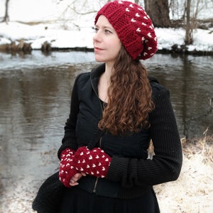 Women Slouchy Wool Heart Hat and Glove Set Handmade Gift for Her / The Ava Fair Isle Fingerless Gloves and Knit Hat Set image 1