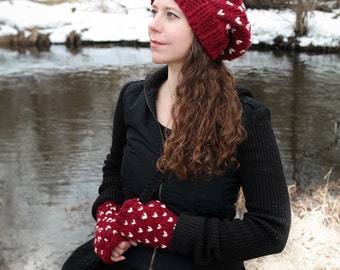 Women Slouchy Wool Heart Hat and Glove Set Handmade Gift for Her / The Ava Fair Isle Fingerless Gloves and Knit Hat Set