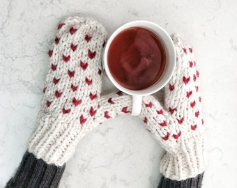 Mittens for Women Wool Fair Isle Heart Mittens Hand Knitted Heart Mittens Winter Clothing Handmade Gift for Her / The Ava Mittens