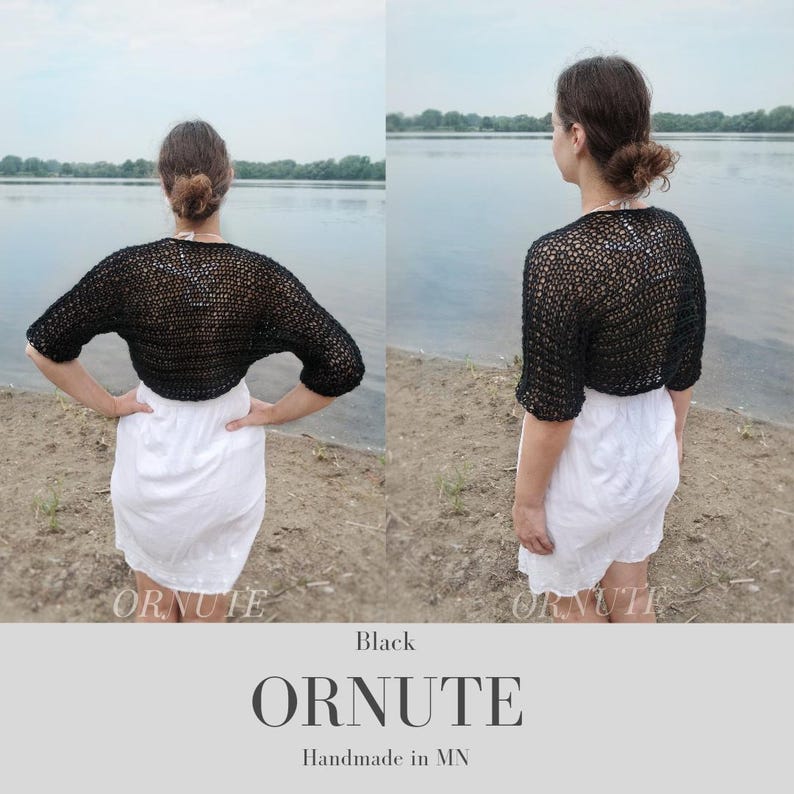 Hand Knit Bolero Shrug for Women: Handmade Clothing Summer SAMIA Shrug for Dress, Crochet Sheer Loose Knitted Cover-Up image 2