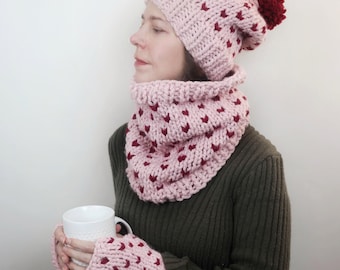 Hand Knit AVA Heart Wool Pom Hat, Scarf & Fingerless Mitten Set for Women, Cozy Winter Accessories Custom Colors, Handmade Gift for Her