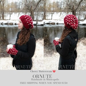 Women Slouchy Wool Heart Hat and Glove Set Handmade Gift for Her / The Ava Fair Isle Fingerless Gloves and Knit Hat Set image 2