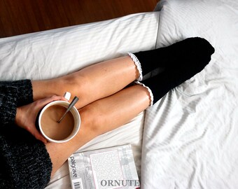 Crew Lace Fuzzy Slipper Socks For Women in Cream and Black, Knit Slippers Cute Women's Clothing Gift For Her