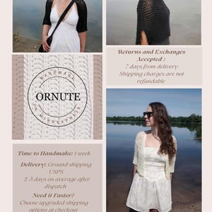 May include: A collage of images showcasing handmade knitwear. Featured are black and cream-colored shrugs and boleros. The brand name "ORNUTE" is displayed in a circular logo. The text reads "Real Handmade No AI Photos or Videos."